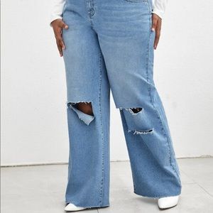 Ripped Detail Raw Hem Wide Leg Jeans